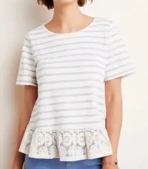 Anthropologie Eri + Ali Gray Stripe Crochet Hem Short Sleeve Top