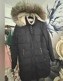 Black Puffer Coat with Faux Fur Hood