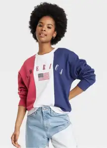 Patriotic America Flag Color‎ Block Sweatshirt Red White Blue Casual Pullover