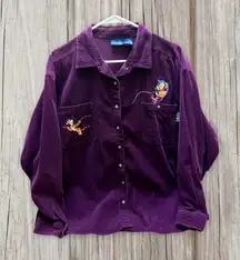 Disney Winnie The Pooh Purple Button-Up Shirt with Embroidered Pockets Size XL