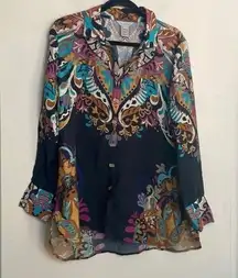 Multiples collared wood button down long sleeve, blouse, paisley print Boho