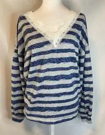 AndTheWhy Long Sleeve Pull Over Sweater Shirt Lace V-Neck Blue Gray Stripes Med