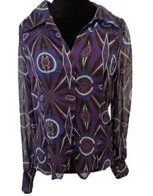 Metrostyle Vintage Psychedelic Groovy Disco Geometric Hippie Sheer Button Top