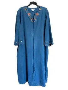 Go Softly Women’s Dress 2X Floral Cottage Denim Blue Patio House Zip Up