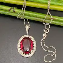 Vintage TRIFARI Ruby Red Cushion Cut Glass Bling Pendant on 925 Chain Necklace