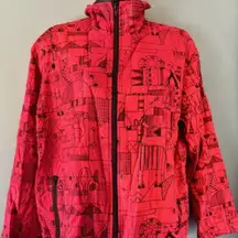 Chico's 0 (S) Zip Jacket Red Black Silk Quilted Abstract Artsy Modern Statement