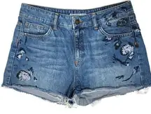 Zara basics beaded embroidered denim jean shorts with a raw hem size 6.