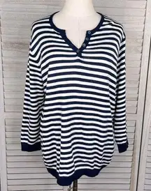 CATHY DANIELS Striped V Neck Sweater 3/4 Sleeves Button Accents Navy/White-XL
