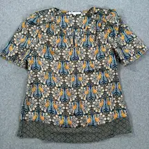 DR2 by Daniel Rainn Peacock Blouse Women's Small Short Puff Sleeve Blue Gold