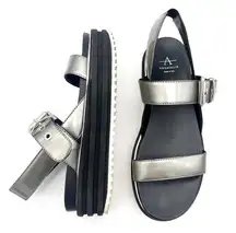 Aquatalia  Wanette Pewter Patent Leather Strappy Buckled Flatform Sandal Size 7