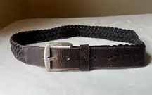Vintage Y2K Distressed Braided Leather Belt Dark Brown with Silver Buckle 34‎