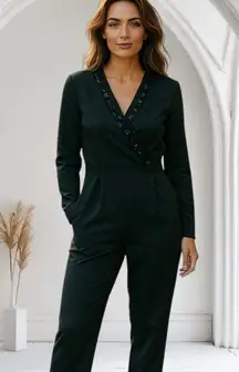 NEW Justfab Womens Size M Black Sequin Trim Dress Jumpsuit Long Sleeve Comfort