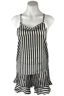 NEW Bella Black White Silk Satin Stripe Sleeveless Tank Shorts Pajama 2 Pc Set M