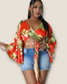 Hers & Mine Floral Bell Sleeve Wrap Crop Top Red/Orange Combo S