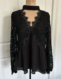 Endless Rose Womens Long Sleeve V-Neck Black Lace/Georgette Blouse Top Size M