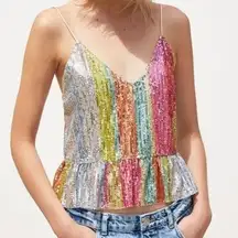 Zara Mermaid Striped Multicolor Sequin Peplum Ruffle Detail V Neck Shiny Top S