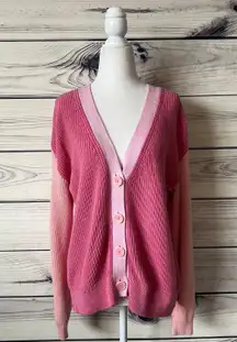 Pink Colorblock Shaker Stitch V Neck Button Down Cardigan Sweater