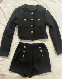Black Cropped Jacket and Shorts Set with Gold Buttons