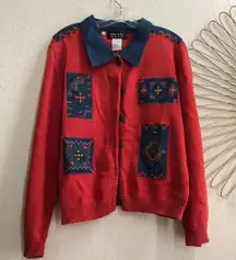 Unique 1990s Vintag Upcycled Orange blue jean denim aztec patchwork button front cardigan sweater long sleeve #western #cottagecore