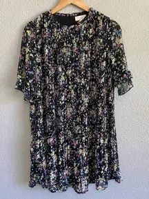 Melloday Black Pleated Floral Ruffle Neck Mini Shift Dress‎ Size Small NWT