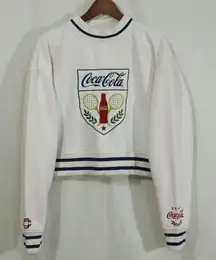 Y2K Coca-Cola Tennis Club Crewneck Sweatshirt White Blue Striped Trim Vintage L