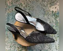 Vintage Y2K NOS Stuart Weitzman black lace slingback kitten heels, size 6.5M