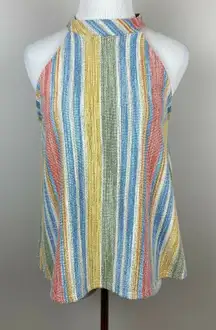 W5 Halter Tank Top M‎ Tweed Textured Summer Button Back Boho Striped