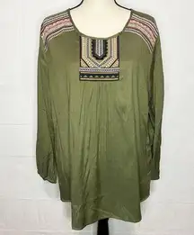 NWT Zenobia Olive Green Embroidered Tunic Top Long Sleeve NEW