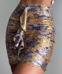 Nookie Revolve Sequined Forever Mini Skirt Ruffle Front Zipper Small NEW W/ Flaw