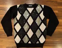 Vintage 90s Black White Sequin Sweater small Alfred Dunner Crew Neck