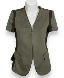 Zip-Up Blouse Lace‎ Military Green Sheer Panels Unique Mixed Fabrics Top Shirt
