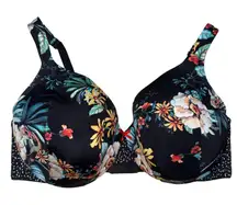 Cacique 42DD Full Coverage Bra Black Floral Print Underwire Push Up