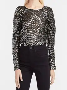 EXPRESS NWT Black & Silver Sequin Ruched Shoulder Top  women party bridal shirt