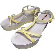 Prada Vintage Y2K Size 37 6.5 White Yellow Ankle Strappy Platform Wedge Sandals