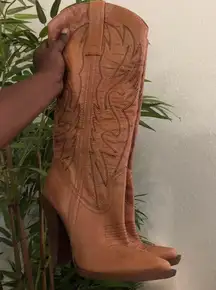 Jessica Simpson Brown Tan Abilene Alan genuine leather 4” heeled knee high western cowboy/cowgirl boots flame embroidery -Size 9.5B Measurements in pics 2000s Y2K boho indie hippie streetwear festival concert
