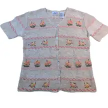Embroidered Floral Cardigan – Short Sleeve Button Up Women's S