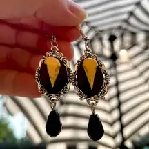 Raven skull cameo black drop earrings bones halloween goth silver crow bird gift