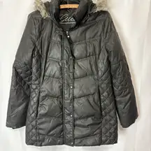GUESS Puffer Black Quilted Jacket Size S Women's Full Zip Hooded Down Faux Fur