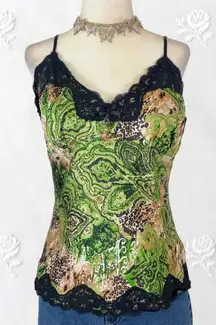 Early 2000's Green Black Satin Lace Trimmed Baby Phat Cami Camisole Top M