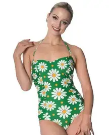 Banned Apparel Crazy Daisy Halter One Piece Swimsuit Size Medium