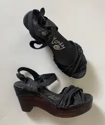 Black Leather Strappy Wood Block Wedges 