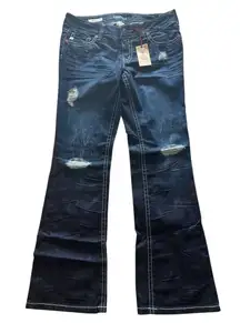 Decree Dark Wash Distressed Bootcut Jeans Size 11 NWT Low Rise Contrast Stitch