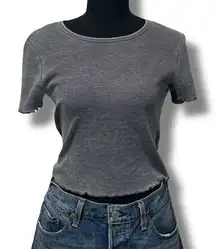 Waffle Knit Semi Crop Baby Tee Ruffle Cabbage Hem Grey Sz Medium