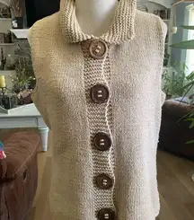 Pure Hand Knit Cream and Brown Cardigan Sweater with Wooden Buttons
