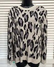 Work Shop Tan/Black Cheetah Knit Sweater Crew Neck Long Sleeve Size Medium‎