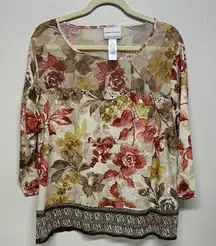 Alfred Dunner Cream and Red Blouse with Three-Quarter Sleeves