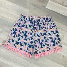 Simply Southern Tassel Hem Starfish Print Elastic Waist Shorts Blue Pink S/M