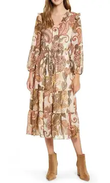 Julia Jordan Floral Print Long Sleeve Tiered Chiffon Midi Dress Size 2