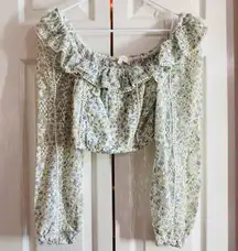 LOVE SHACK FANCY Womens Top S Green Floral Pullover Lace Ruffle Crop DORABELLA