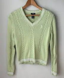IZOD Vintage Green + White V Neck Cable Knit Long Sleeve Sweater